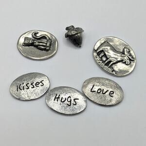 Lot of Pewter Charms Tokens Coins Basic Spirit Cat Moose Acorn Love Kisses Hugs